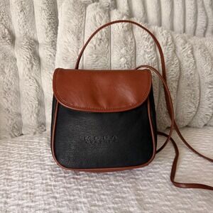 Moda Leather Two Tone Black Cognac Brown Crossbody Flap Bag Vintage Style
